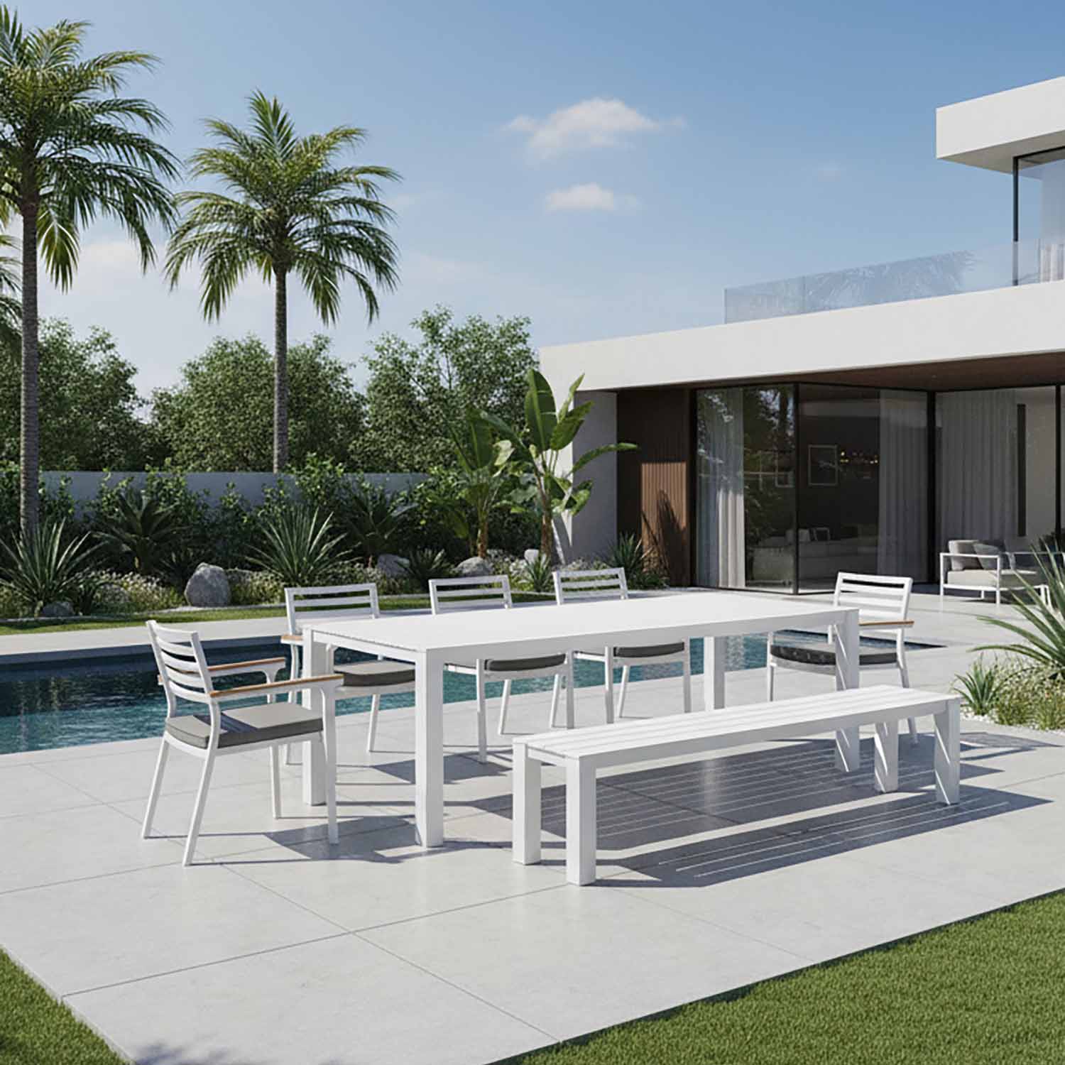 Vernon 180 cm Table Vernon 160 cm Bench and Lotus Chair Outdoor Dining Setting - Image 17